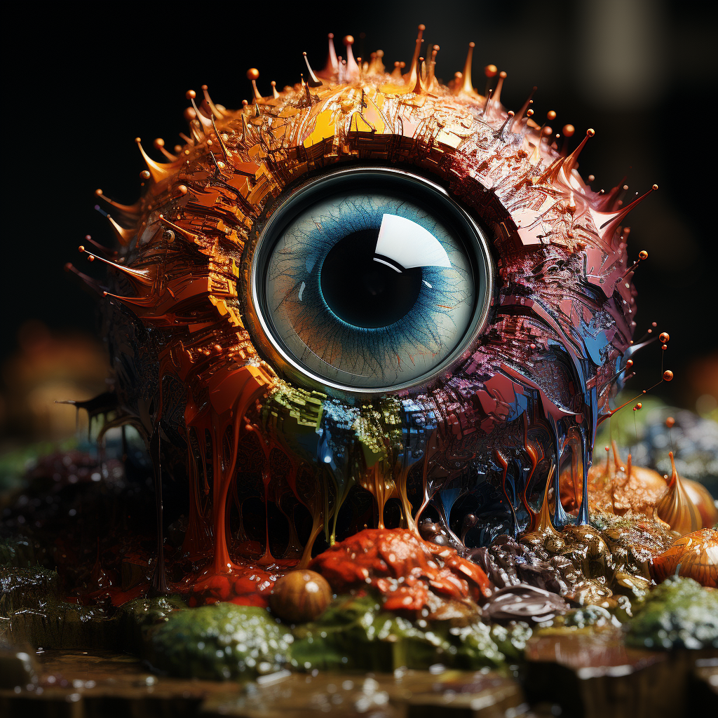 Hyperrealistic eyeball amidst colorful waterfall