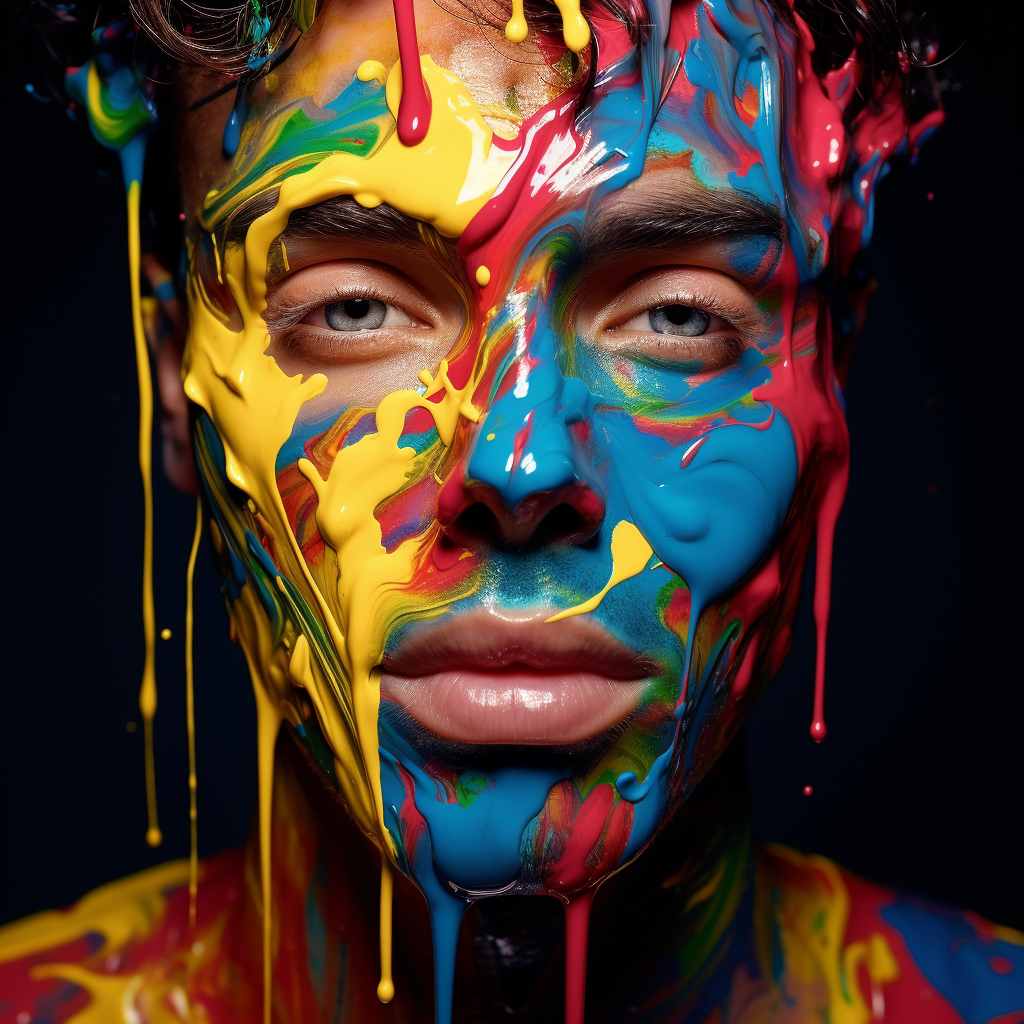 Vibrant paint dripping down man's face