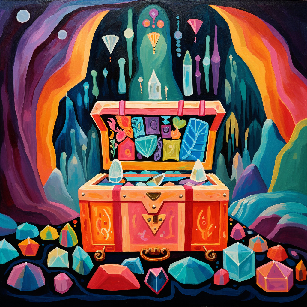 Vibrant fairytale treasure chest in jeweled cave