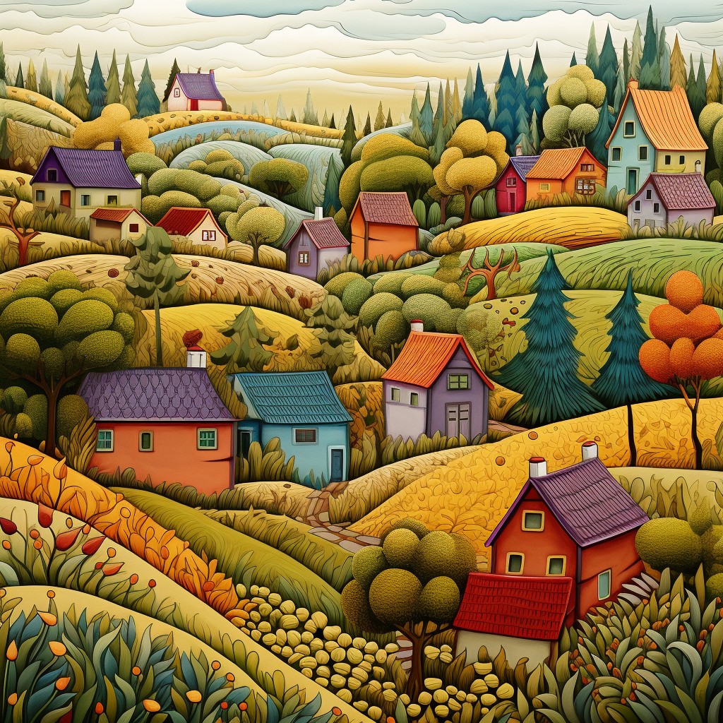 Colorful farm houses and fields artwork