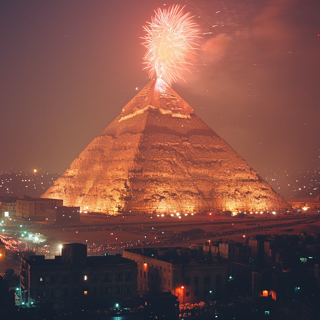 Colorful fireworks show at pyramids