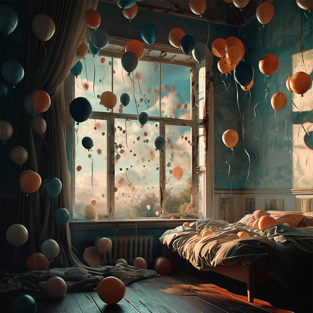 Colorful floating balloons in sky and bedroom