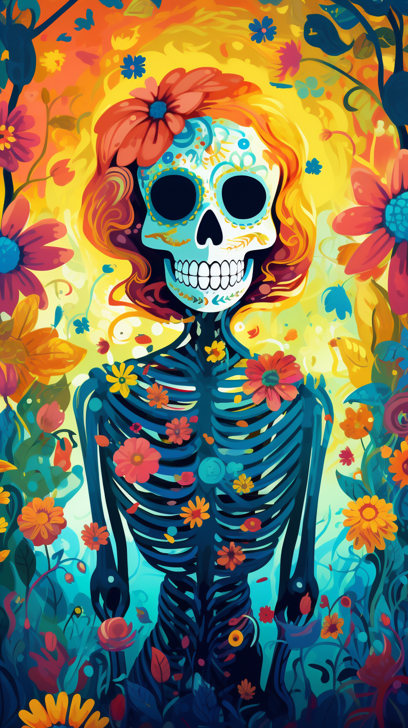 Colorful flower-covered skeleton in hair