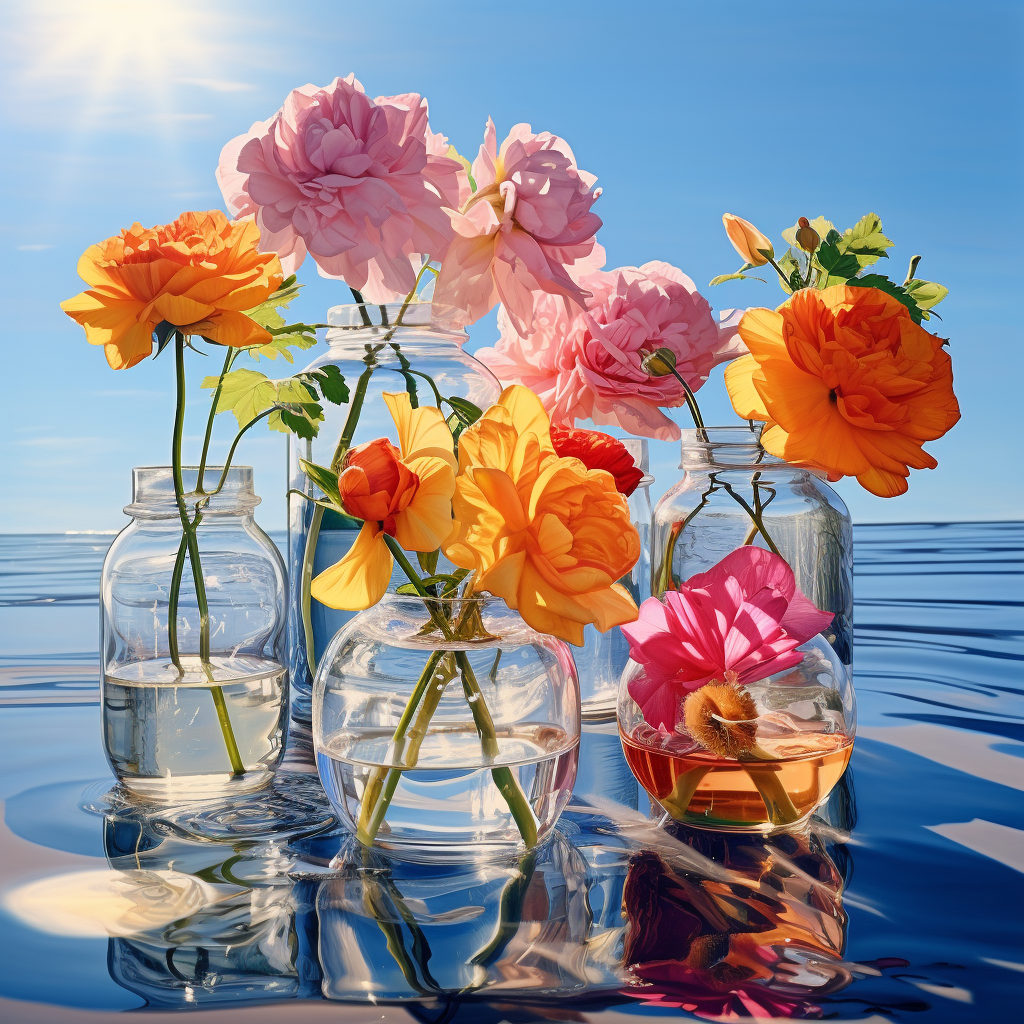 Colorful flowers in water vases