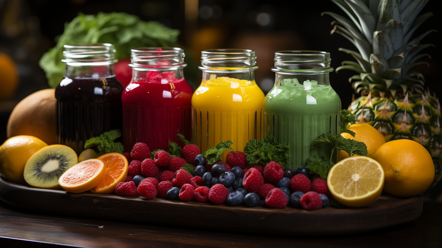 Colorful organic juices and smoothies on wooden desk