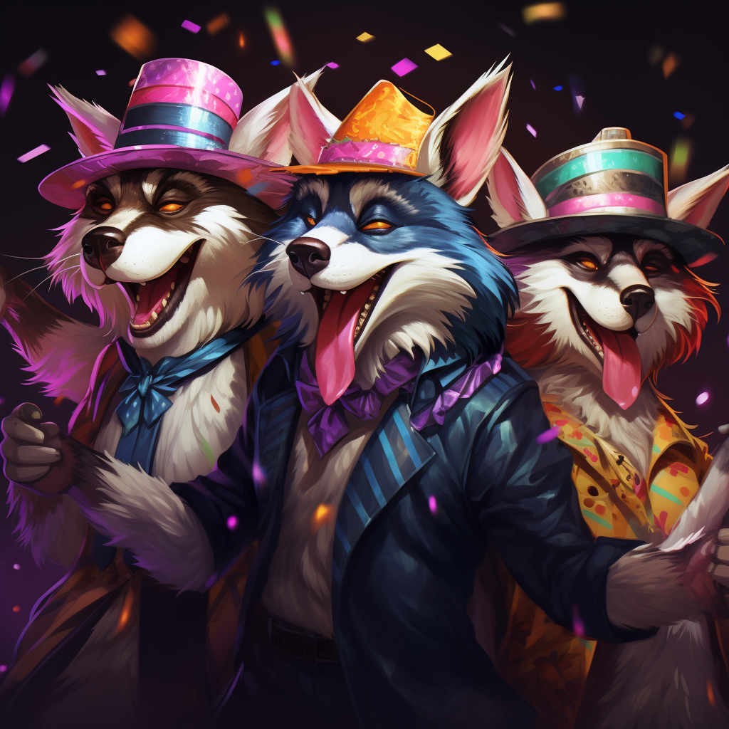 Realistic furries dancing in funny hats