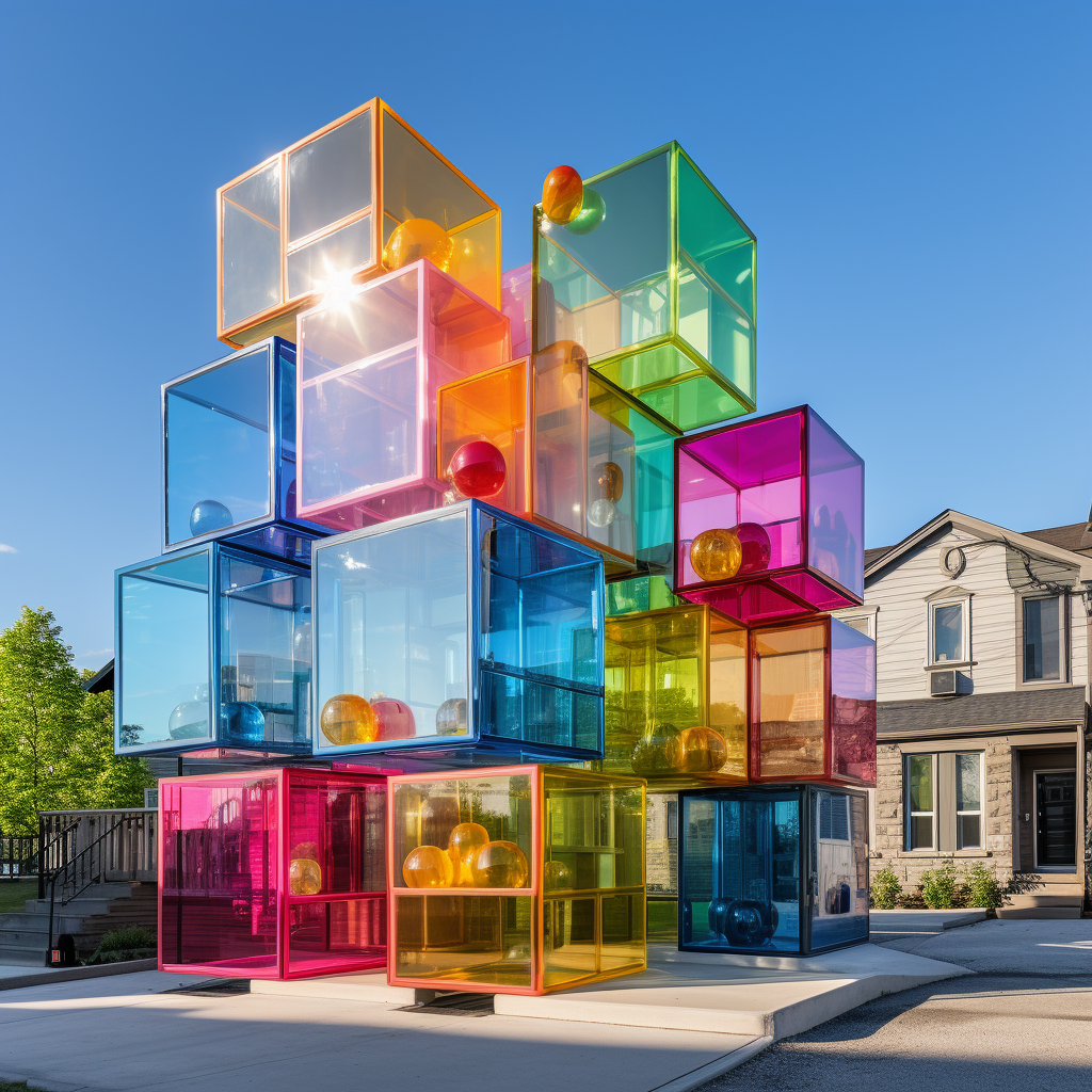 Modern cuboid home with colorful glass panels