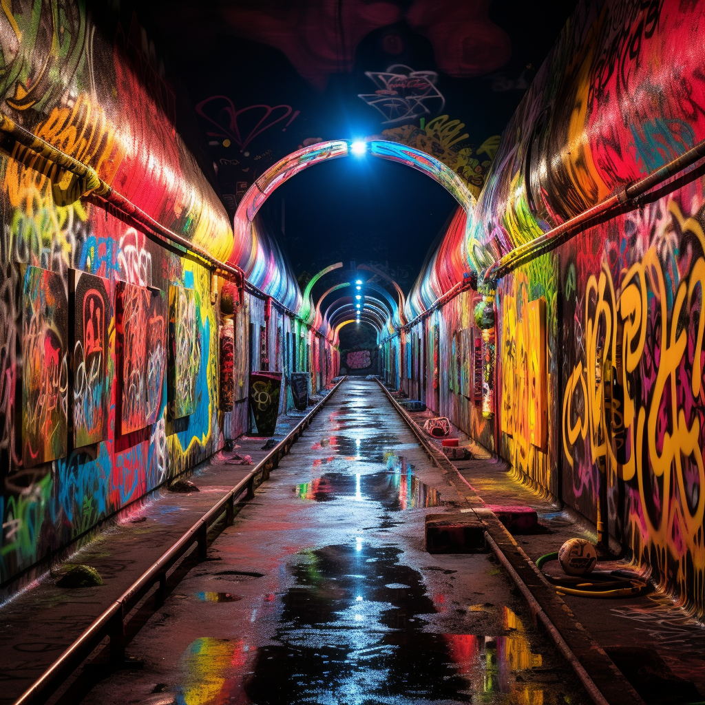 Vibrant graffiti tunnel with water reflections