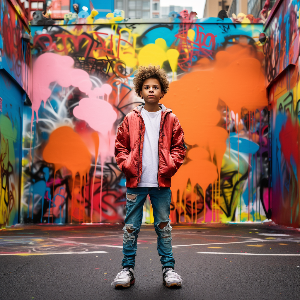 Smiling boy in front of vibrant graffiti wall  ?