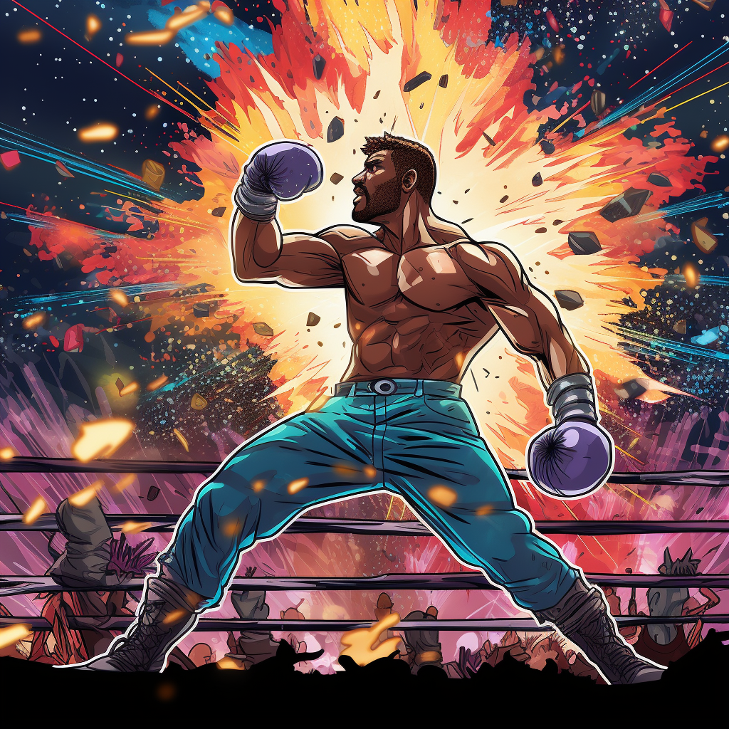 Colorful graphic novel artwork of a boxer fighting