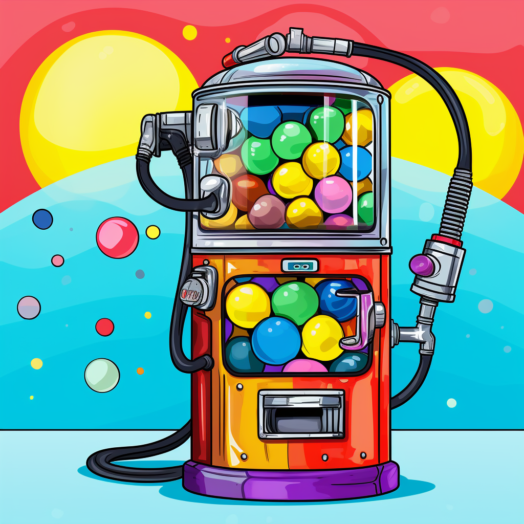 Vibrant gumball machine with gas station hose