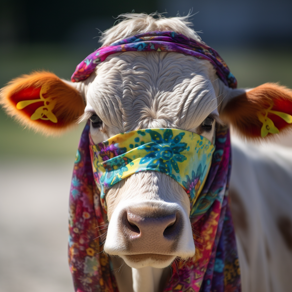 Colorful heifer with sunglasses and bandana