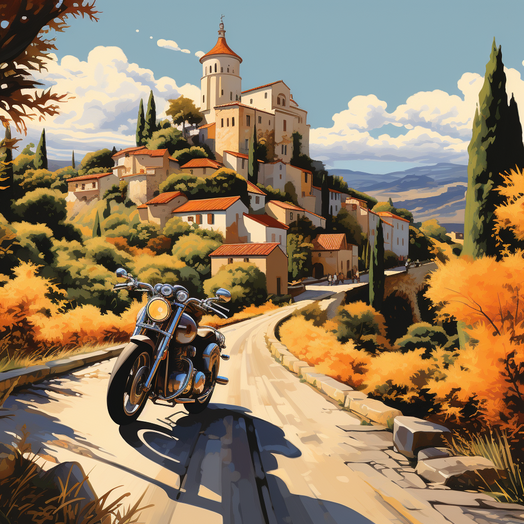 Classic motorcycle navigating picturesque Italian village