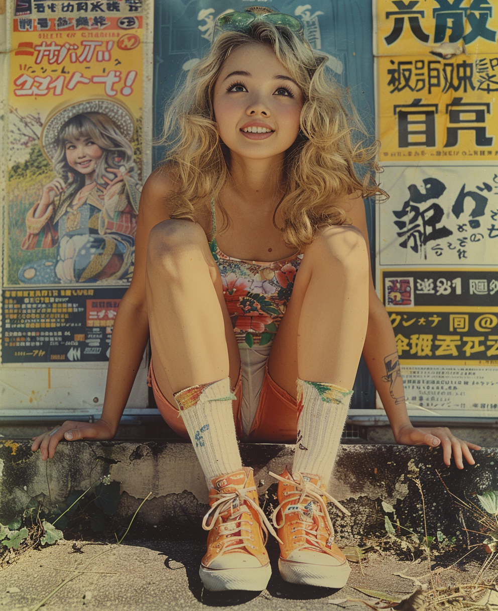 Smiling girl with Japanese tattoos