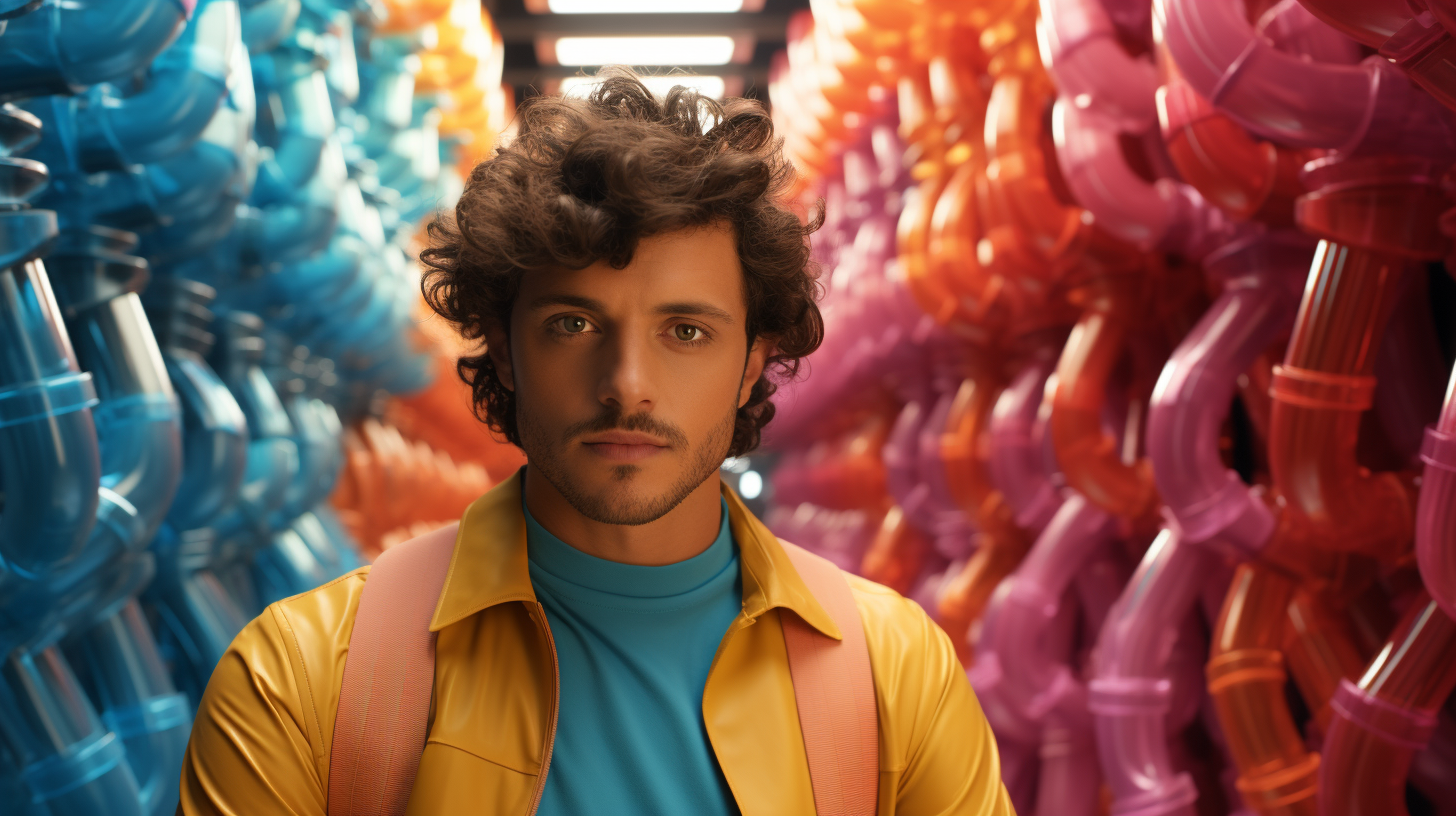 Male worker in colorful jumpsuit in juice laboratory