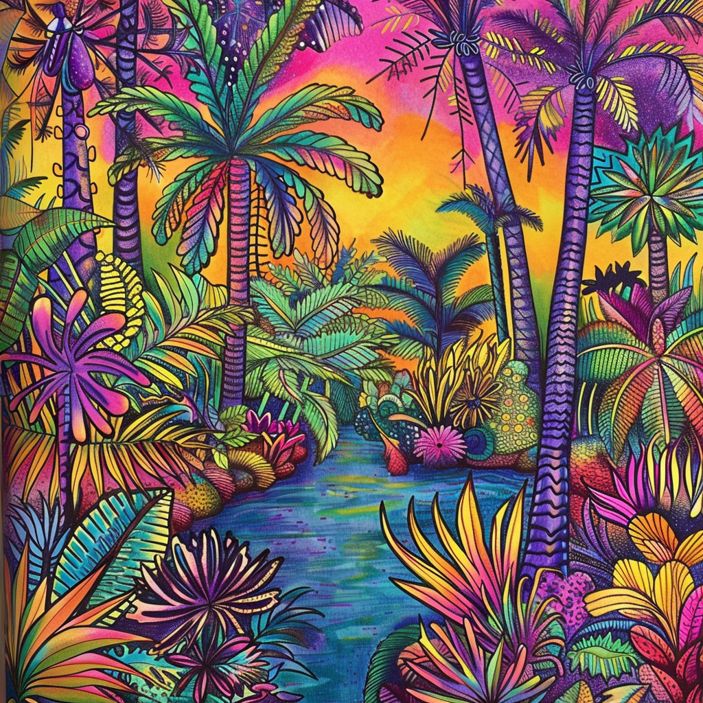 vibrant colorful jungle scene coloring