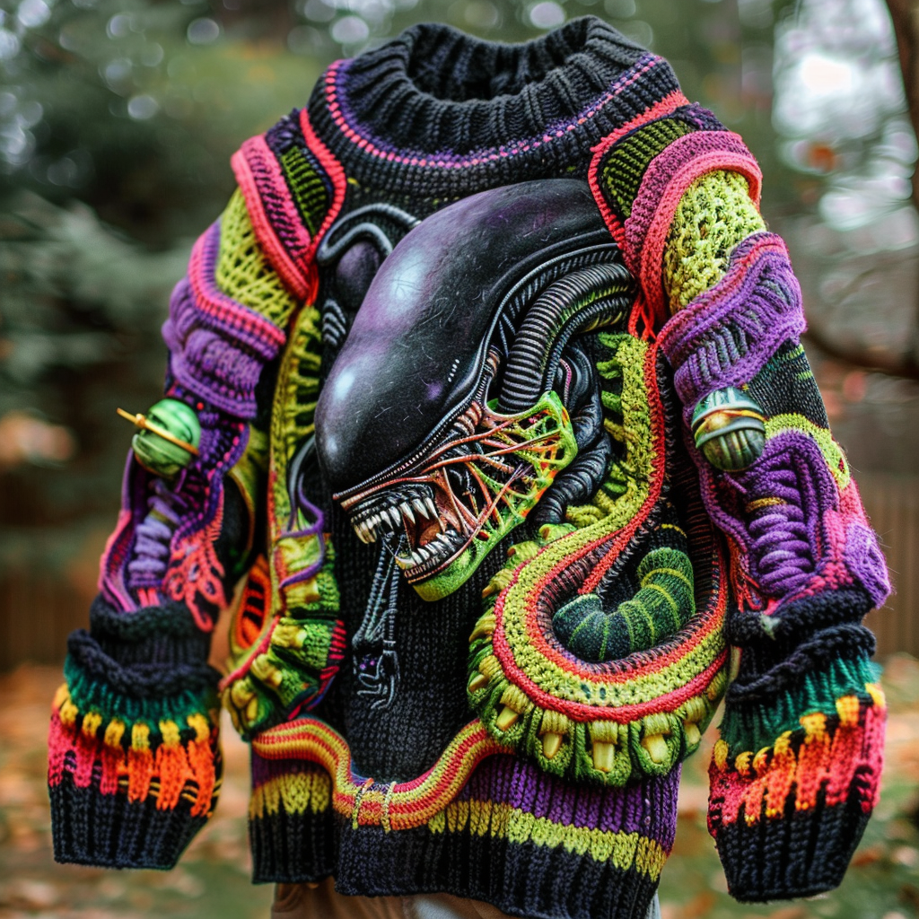 Colorful Knitted Alien Scene Sweater