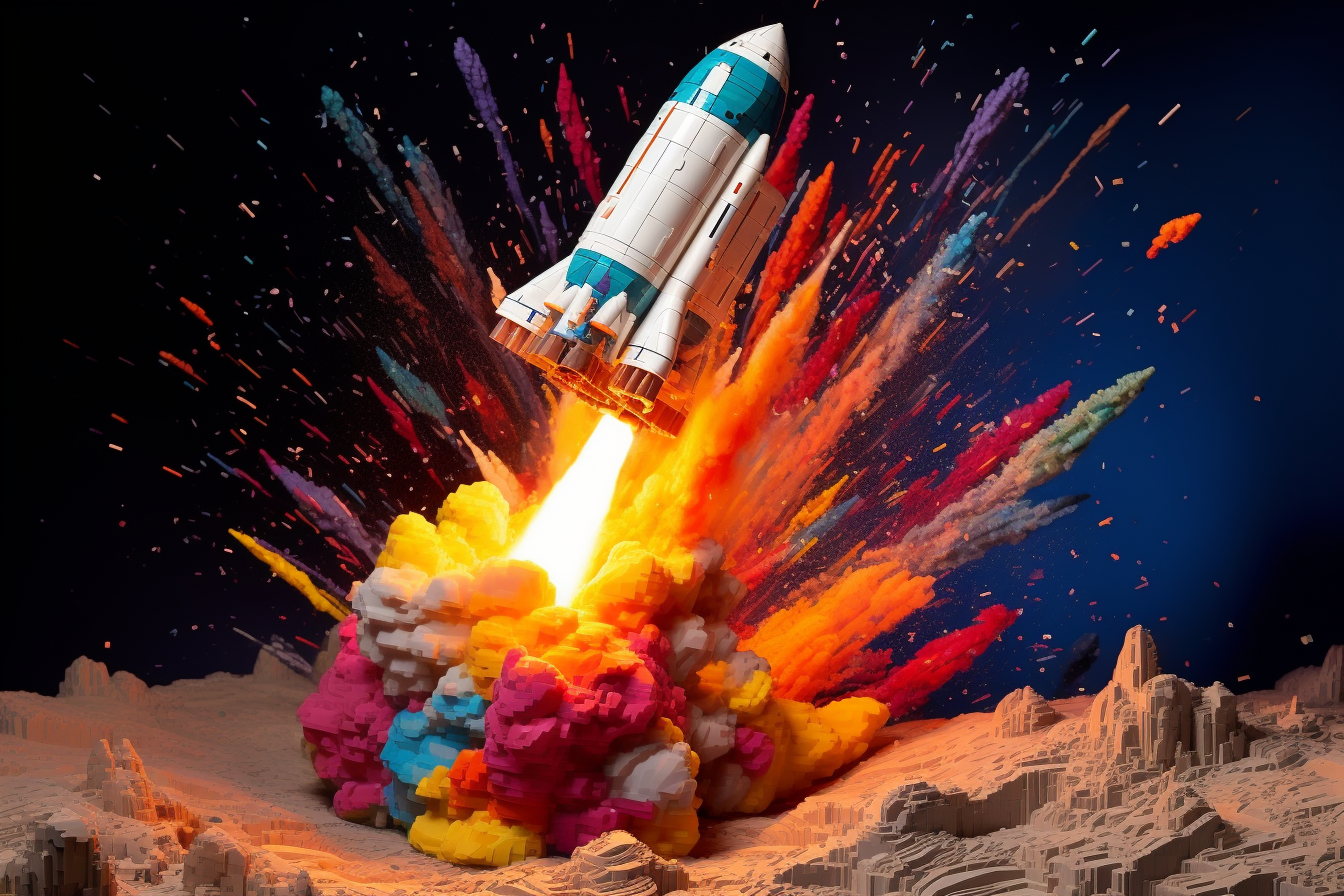 Colorful Lego rocket blasting off from Cape Canaveral