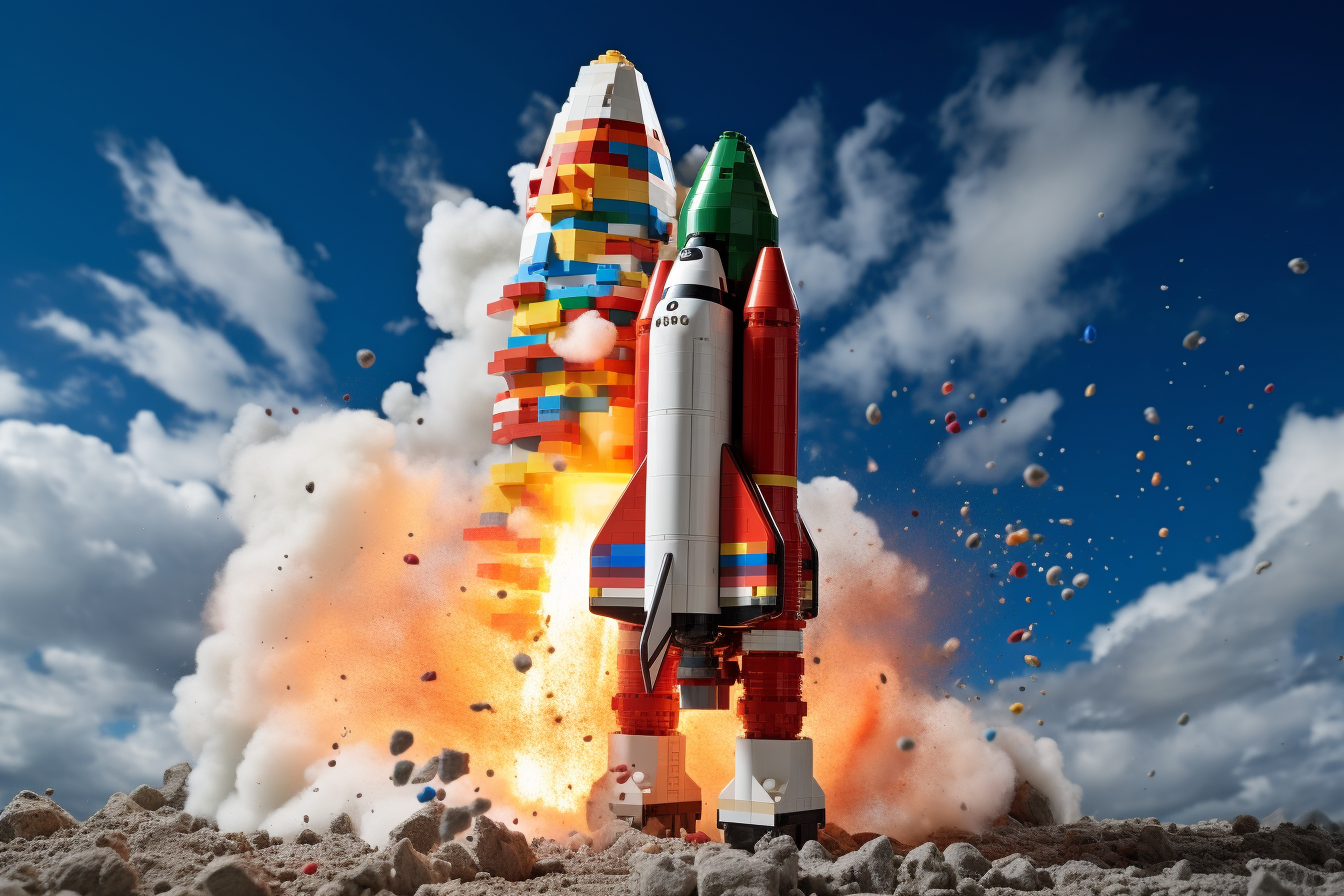 Epic colorful Lego rocket launch from pad