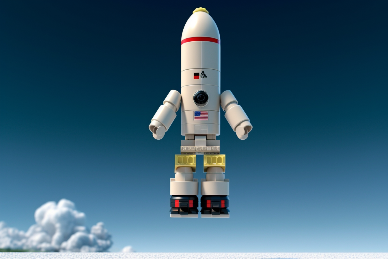 Colorful Lego rocket launching into space