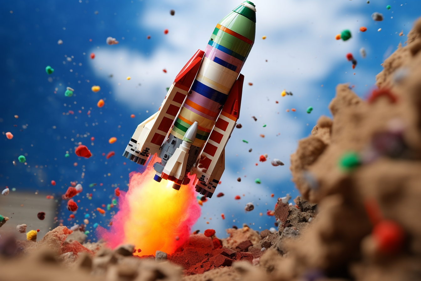 Realistic colorful Lego rocket launching