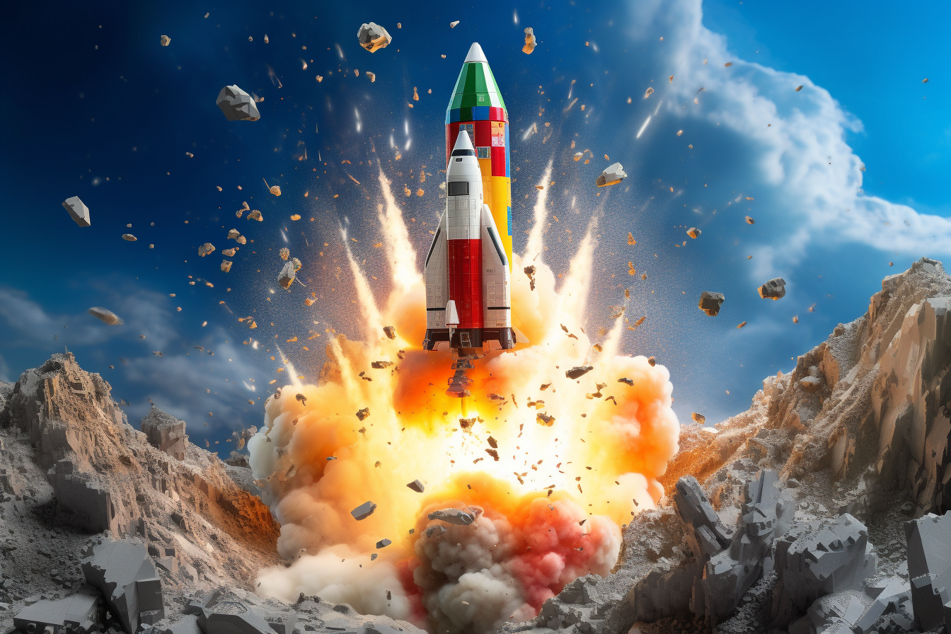 Colorful Lego rocket blasting off