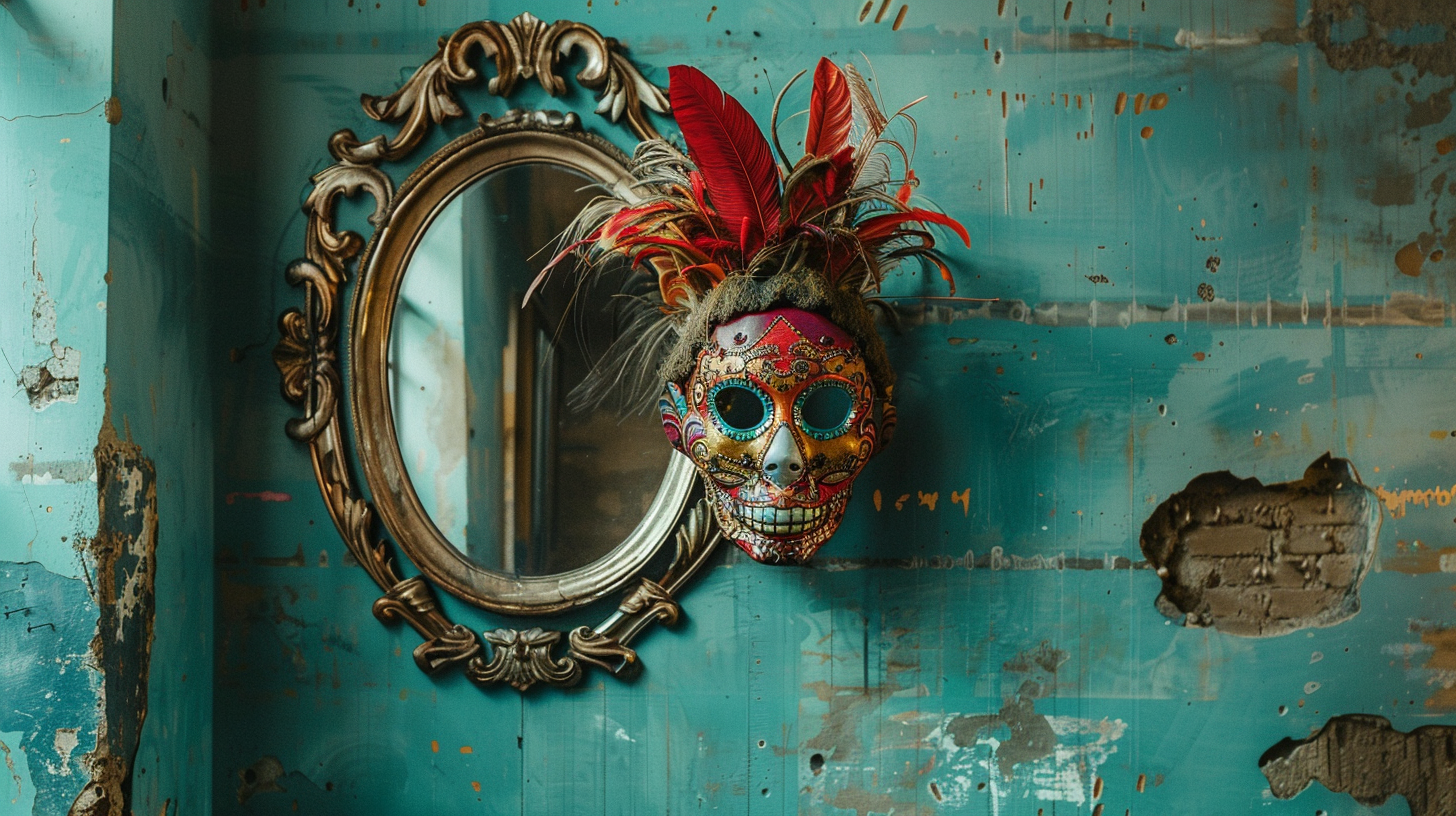 Colorful mask hanging near mirror