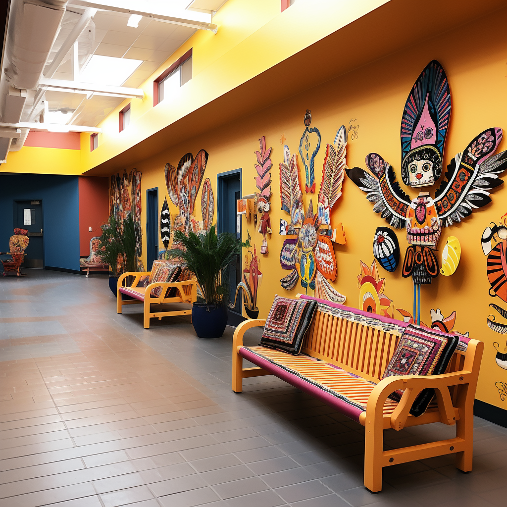 Students sitting in vibrant Mexican hallway