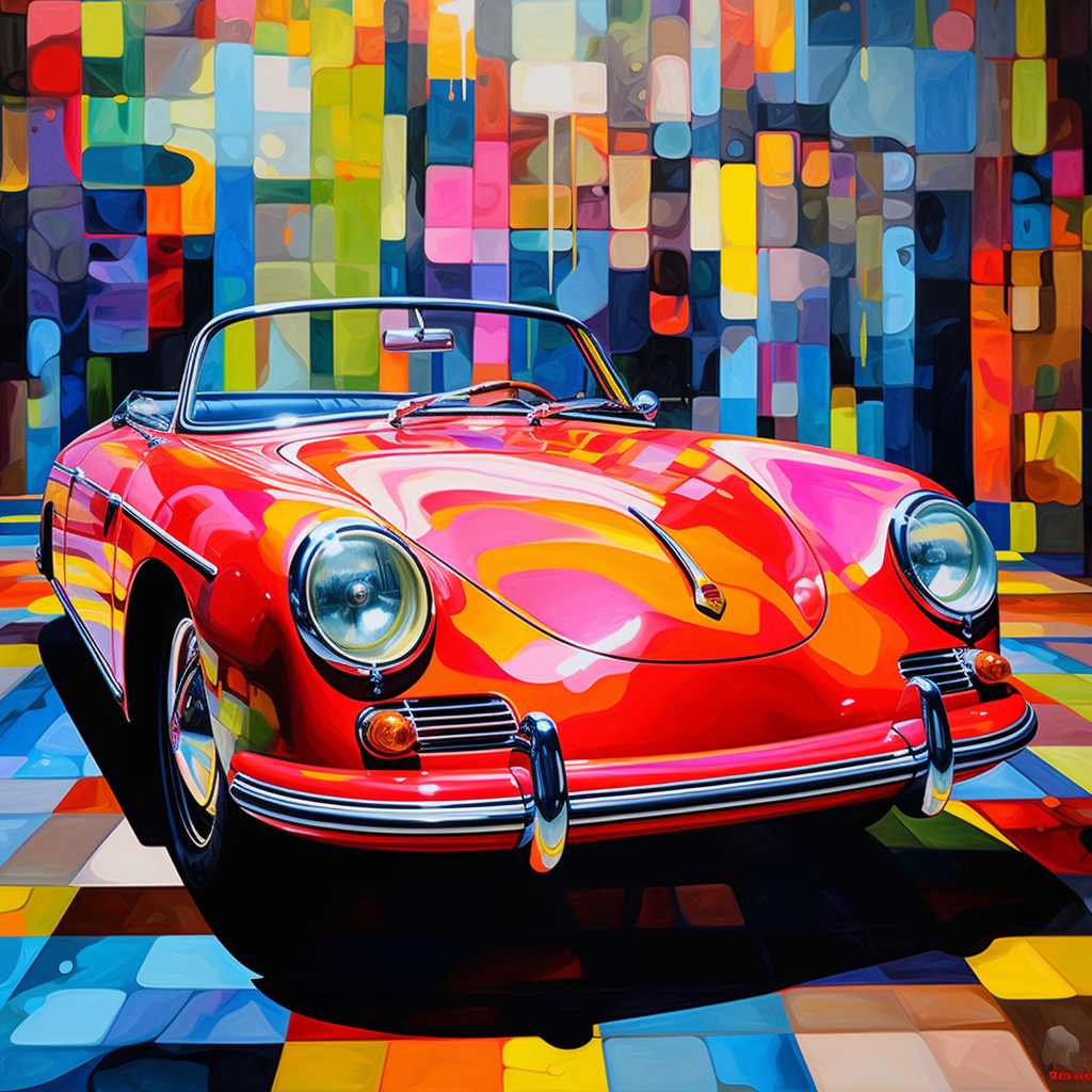 Colorful Mondrian Grid Painting over Red Porsche Convertible