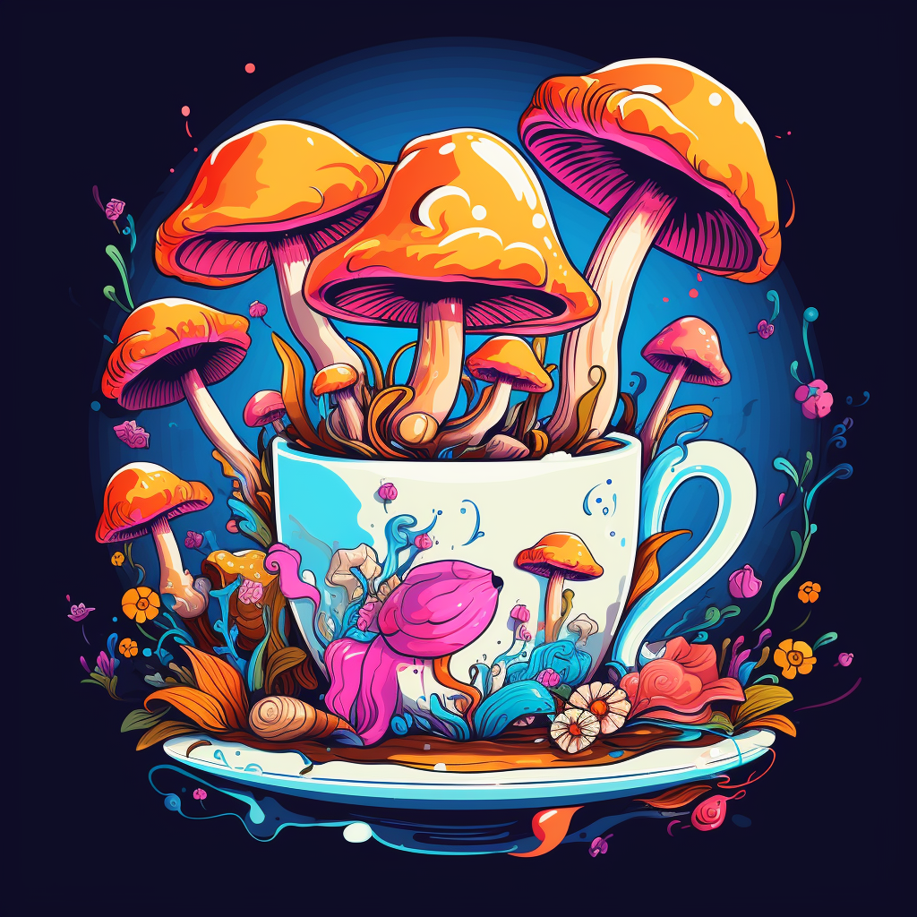 Colorful mushrooms in teacup illustration