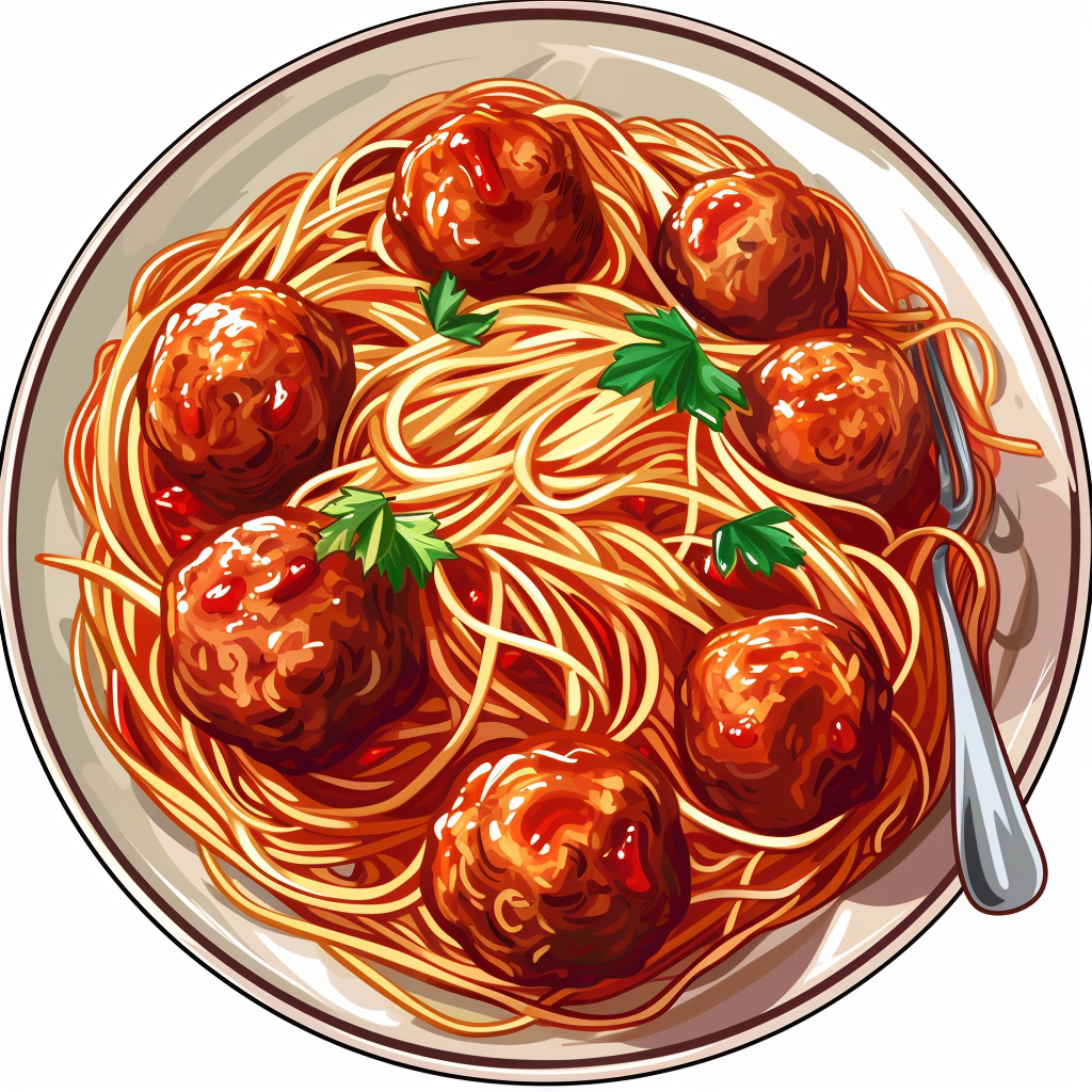 Colorful noodles and meatballs in deep plate