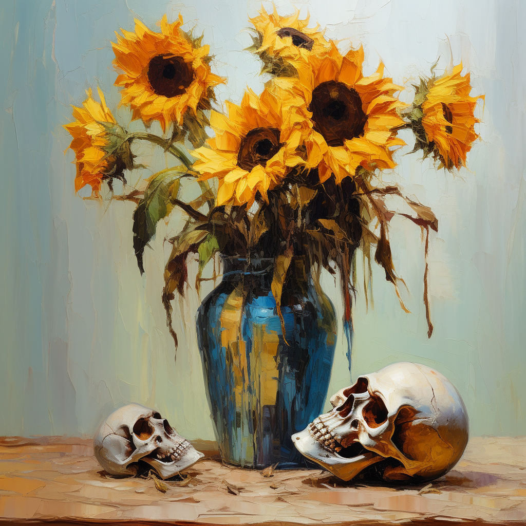 Colorful oil painting of rustic vase with sunflowers