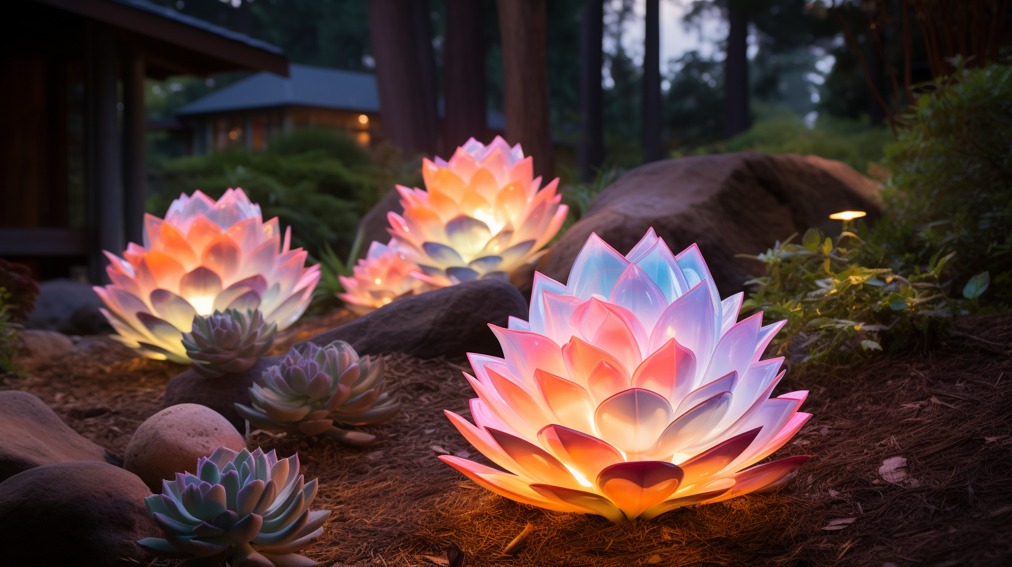 Colorful succulent-shaped lanterns in ethereal garden