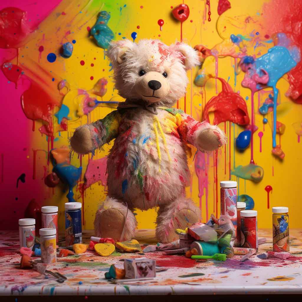 Toy bear covered in colorful paint