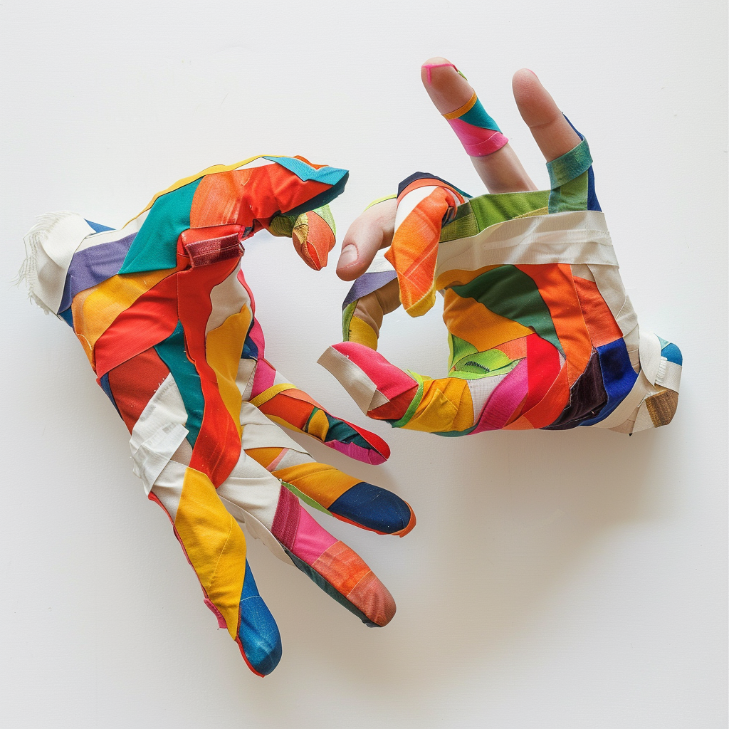 Hands holding colorful patchwork on white background