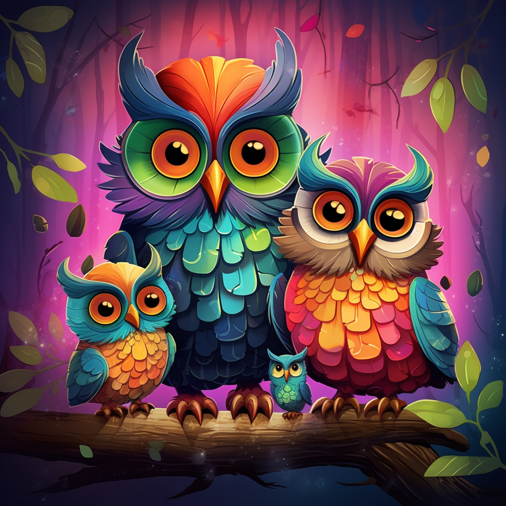 Adorable colorful owl family in Pixar style