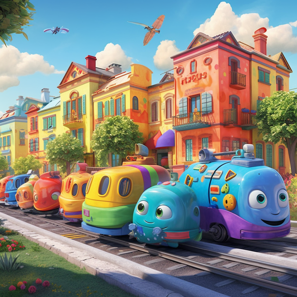 Colorful train in Cocomelon town with cars and honey