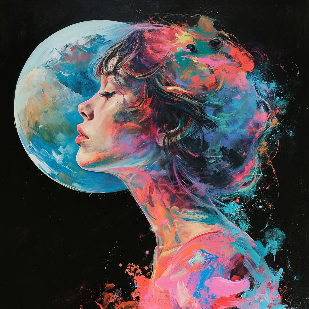 Double exposure of colorful planet and dreaming woman