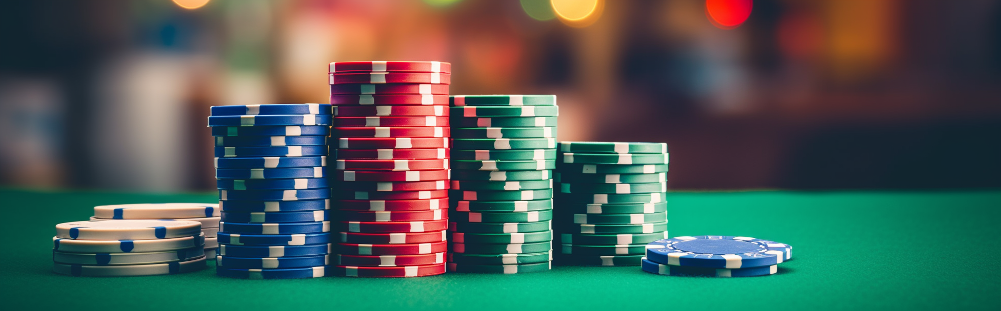 Stack of Colorful Poker Chips with Ace and King Cards