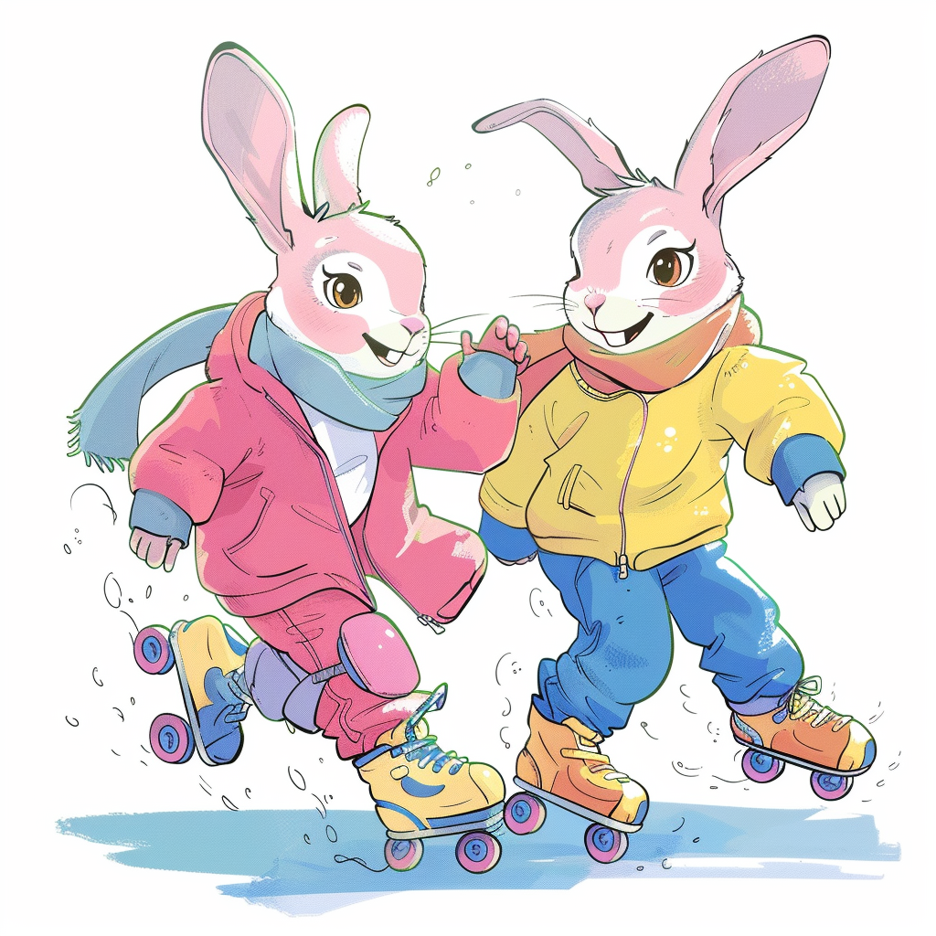 Cute colorful rabbits rollerblading kids