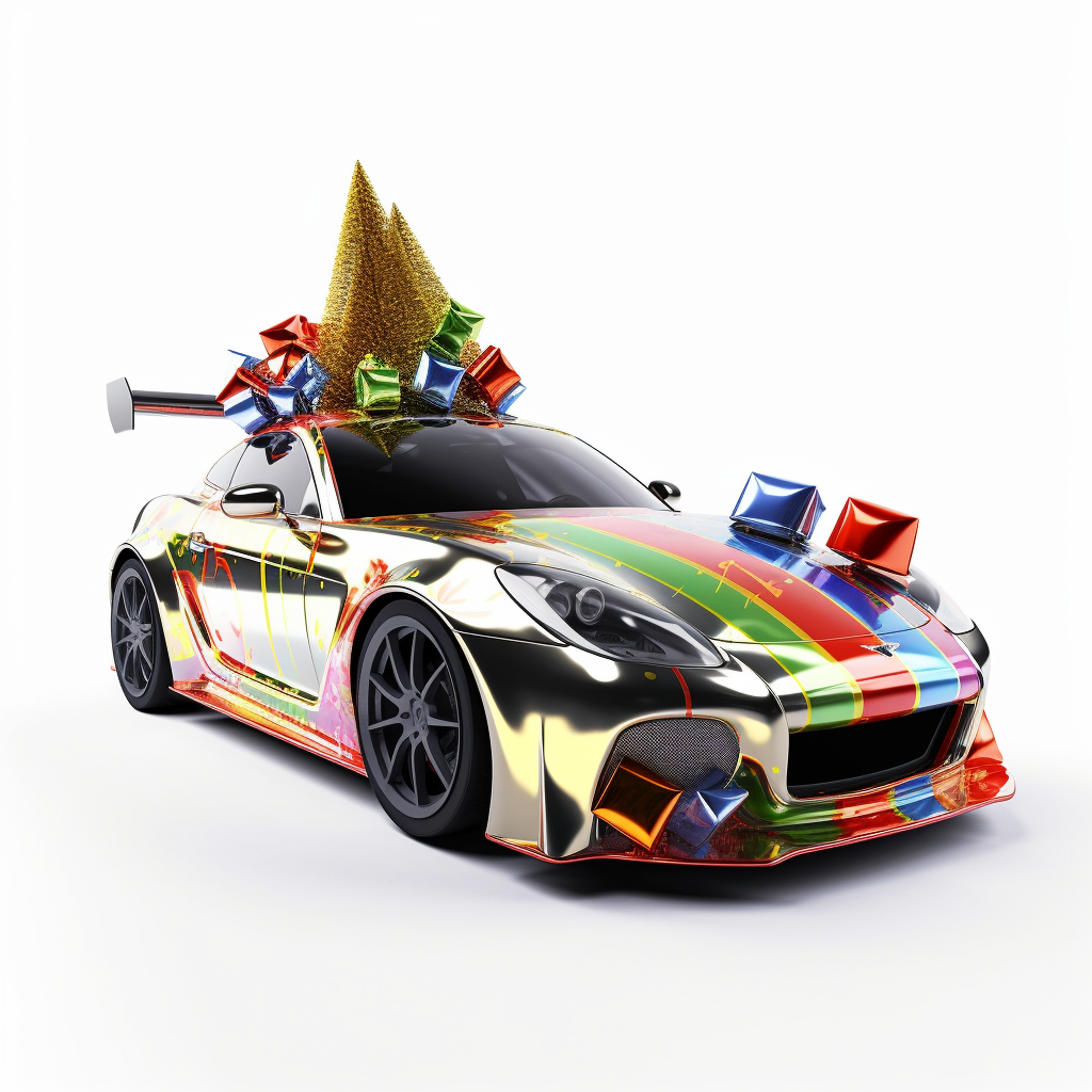 Colorful racing car with Christmas presents and lights