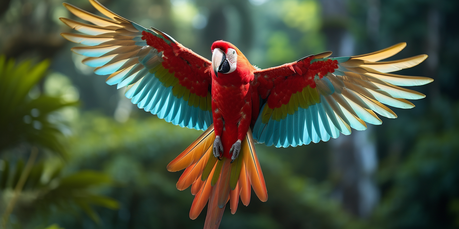 Beautiful red parrot spreading wings