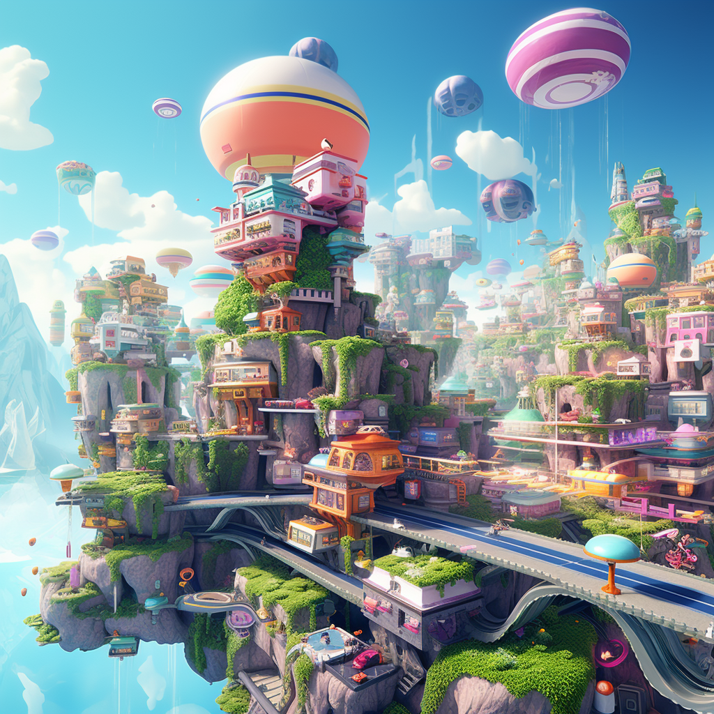 Vibrant retro arcade city on a floating island