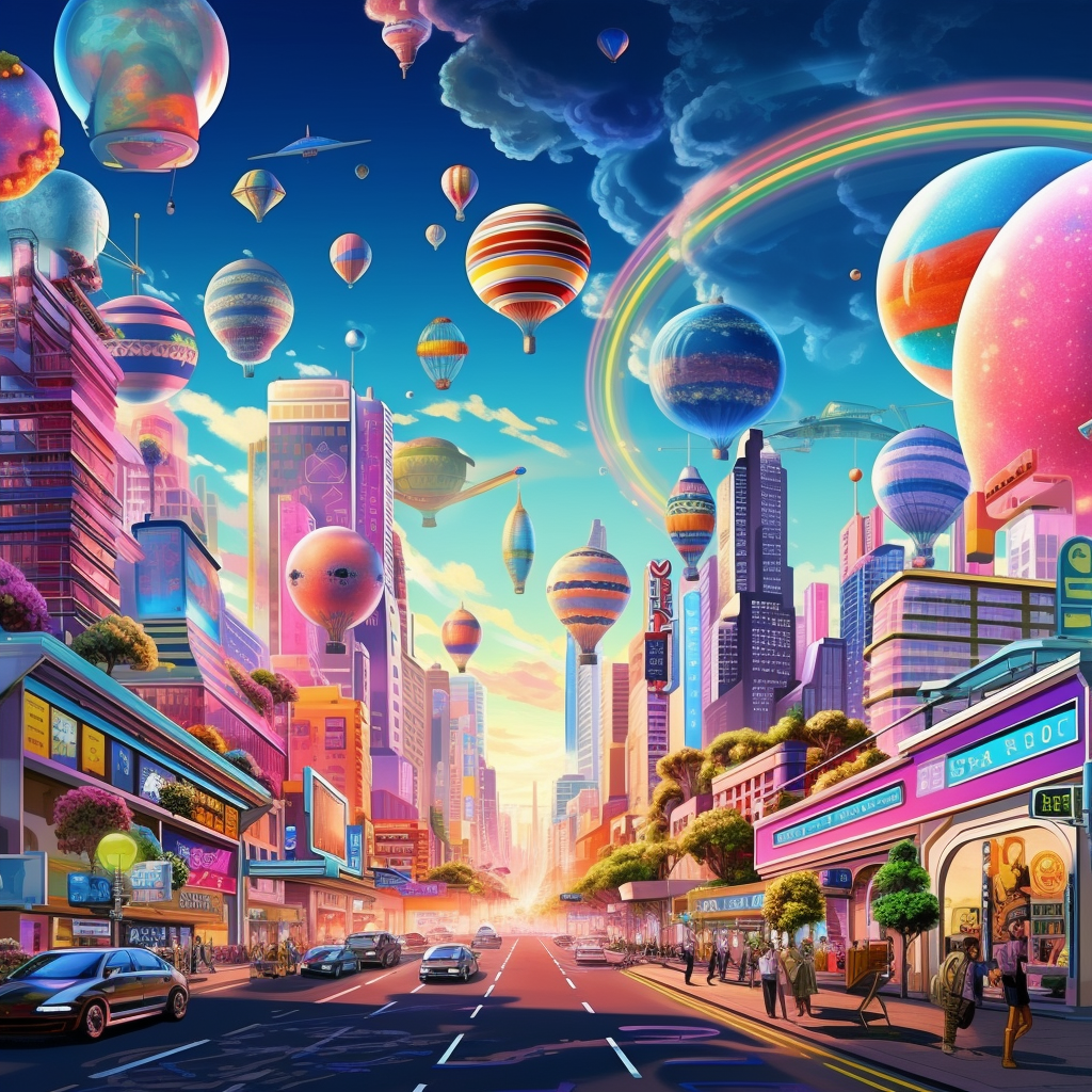 Vibrant retro-futuristic cityscape illustration