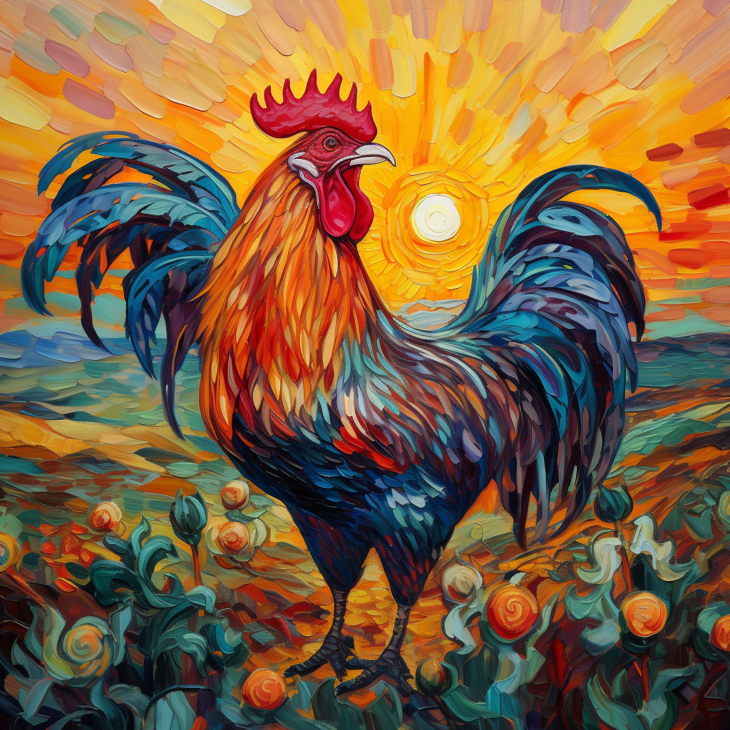 Colorful rooster crowing at sunrise