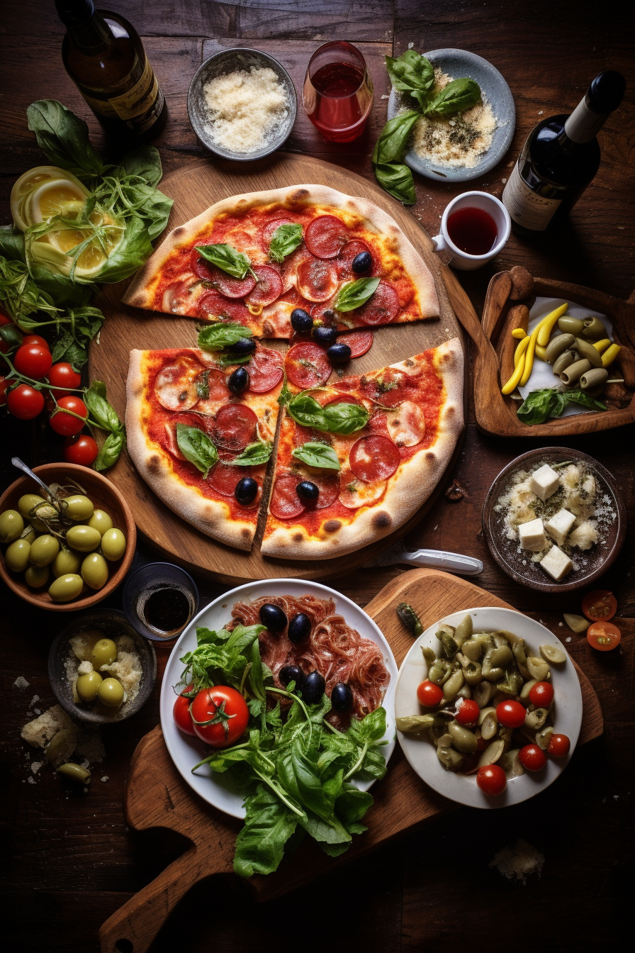 Colorful rustic Italian meal spread