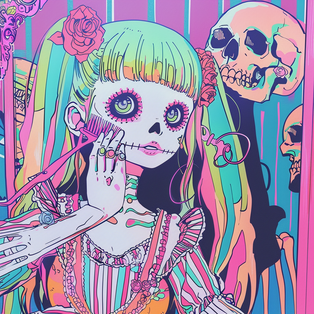 Colorful skull girl brushing hair mirror