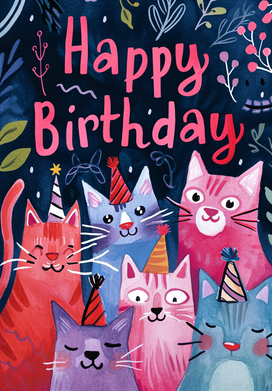 Colorful Smiling Laughing Cats Birthday Card