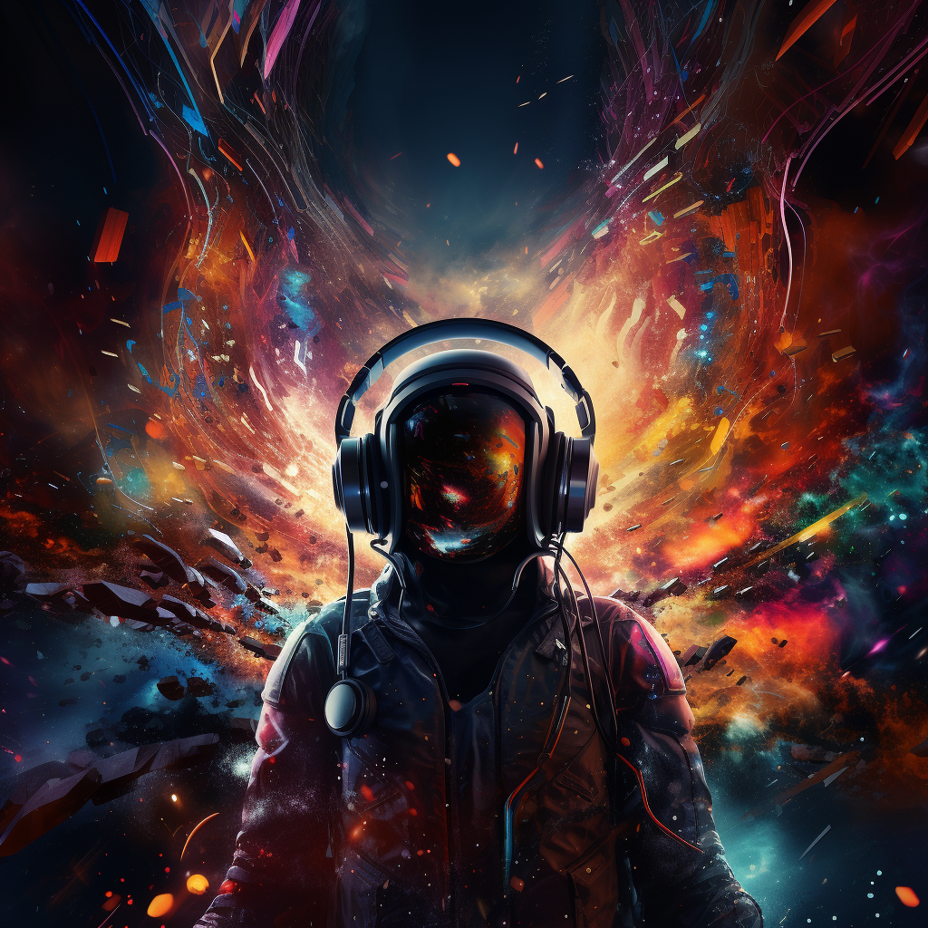 Colorful space DJ wearing crazy headphones