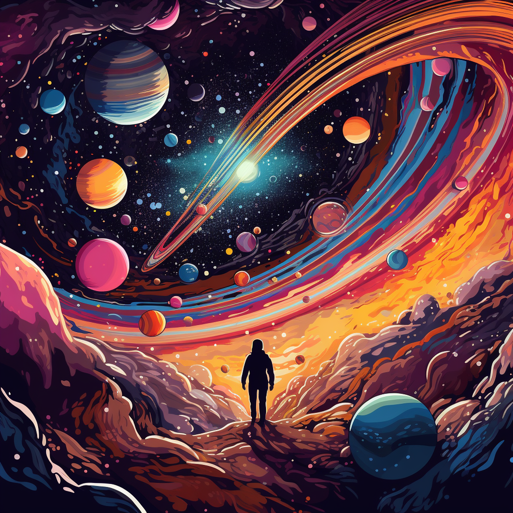 Astronaut floating amidst colorful space wonders